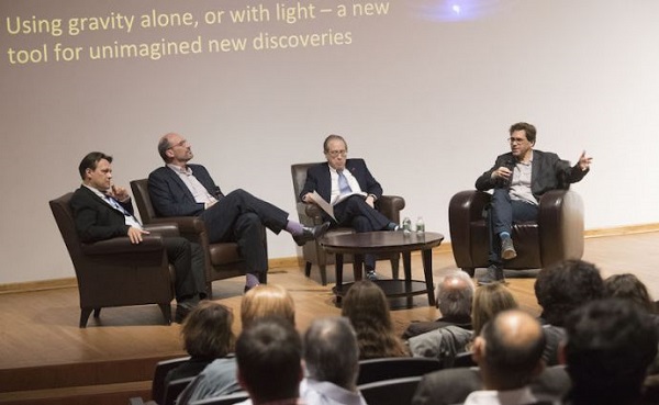 The evening's panel featured Szabolcs Marka, Andrew MacFayden, moderator Jeffrey Lynford, and Dr. Peter Fritschel.