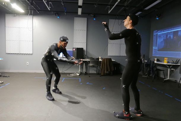 Roger Casey as the Ghost, and Zachary Koval, as Hamlet, have a particularly dramatic moment in their virtual reality remake of Shakespeare's Hamlet.