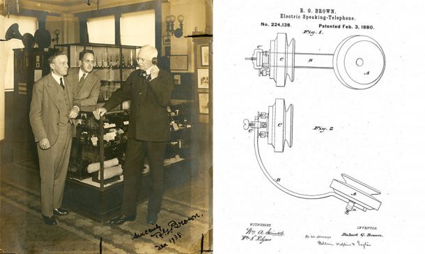 Alum Robert G. Brown (holding phone) invented the Electric-speaking Telephone in 1897. It was dubbed “French phone” because the invention first took off in France.