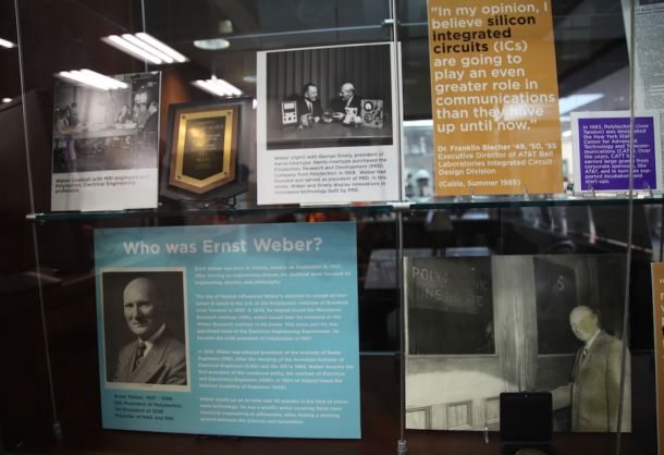 A section from the Ber Dibner Librar's new display, "From Ernst Weber to 5G: Wireless Technology at NYU and Poly
