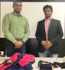 Ashwin Raj Kumar, PhD Candidate (left) and Sai Prasanth Krishnamoorthy, MS Candidate, with the inexpensive wearables they developed to encourage stroke victims to perform their rehabilitation exercises properly at home