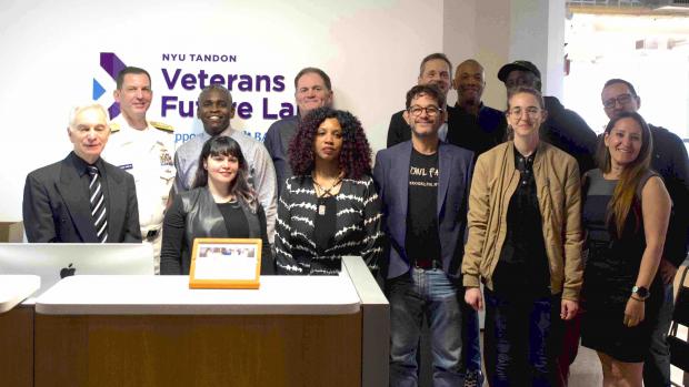 Vice Admiral Kriete (in uniform) at the Veterans Future Lab with portfolio startup founders