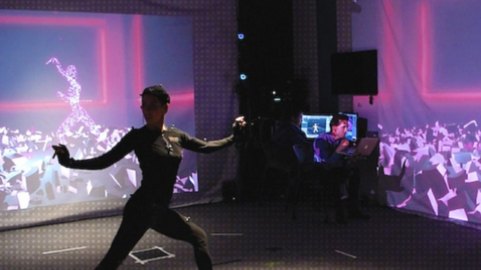 Woman in motion capture suit and studio
