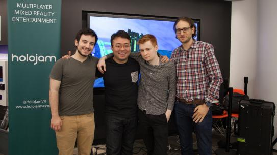 Holojam is a software platform for mixed reality, multi-user experiences. From left: Marcus Guimaraes, Associate Director of The Future Reality Lab; Wenbo Lan; Aaron Gaudette, Head of Software & Co-Founder; and Michael Gold, CEO & Co-Founder.