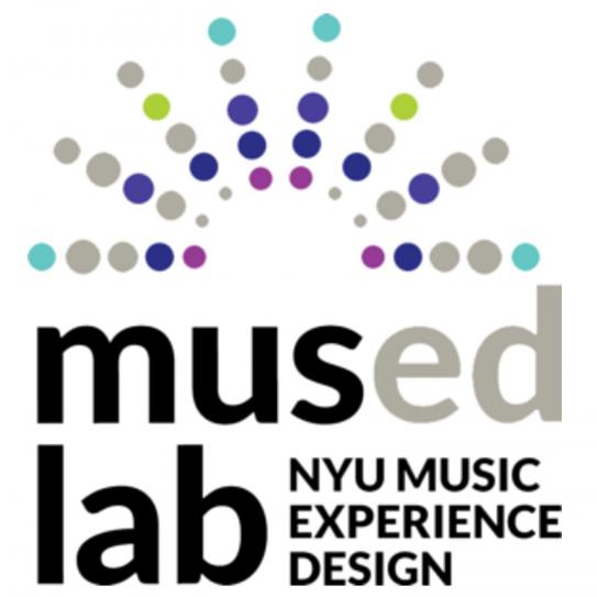 Logo with the words "mused lab: NYU Music Experience Design" in black and a dotted image resembling rays leaving a point