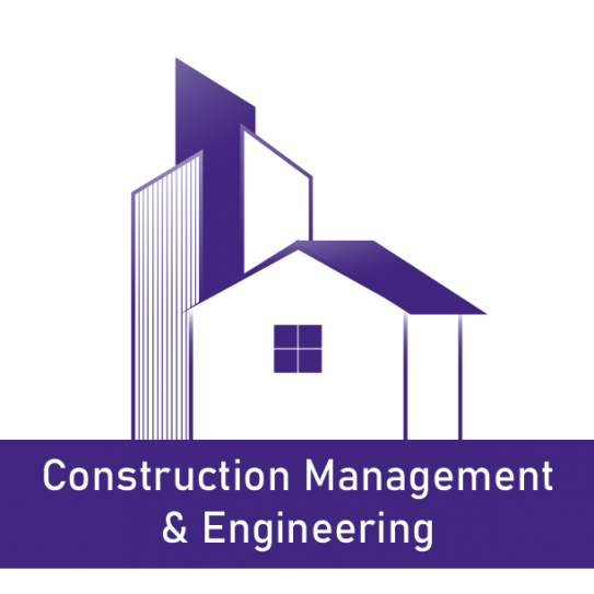 Logo of Construction Management and Engineering with a purple image of a house and the team name in purple lettering