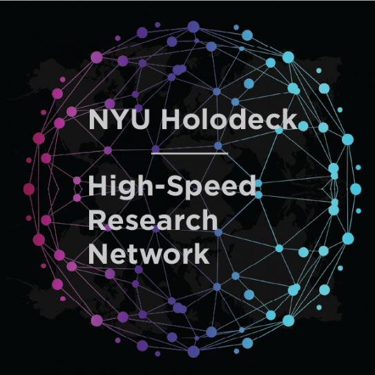 Words "High-Speed research Network" in white over black background and an animated image of different spots on the globe in pink and blue