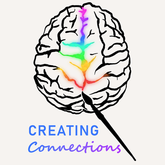 Top view drawing of brain with paintbrush and rainbow paint