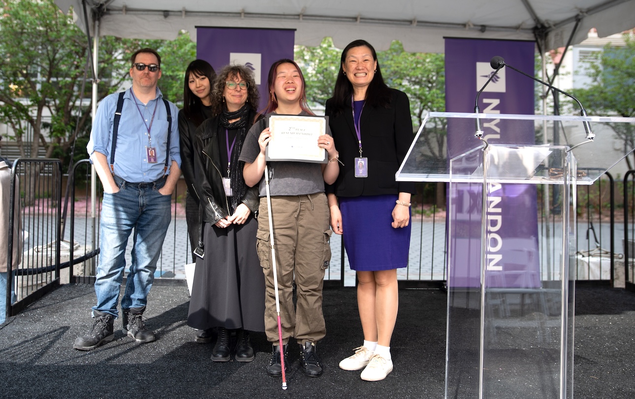 Professor and three students and Linda Boyle