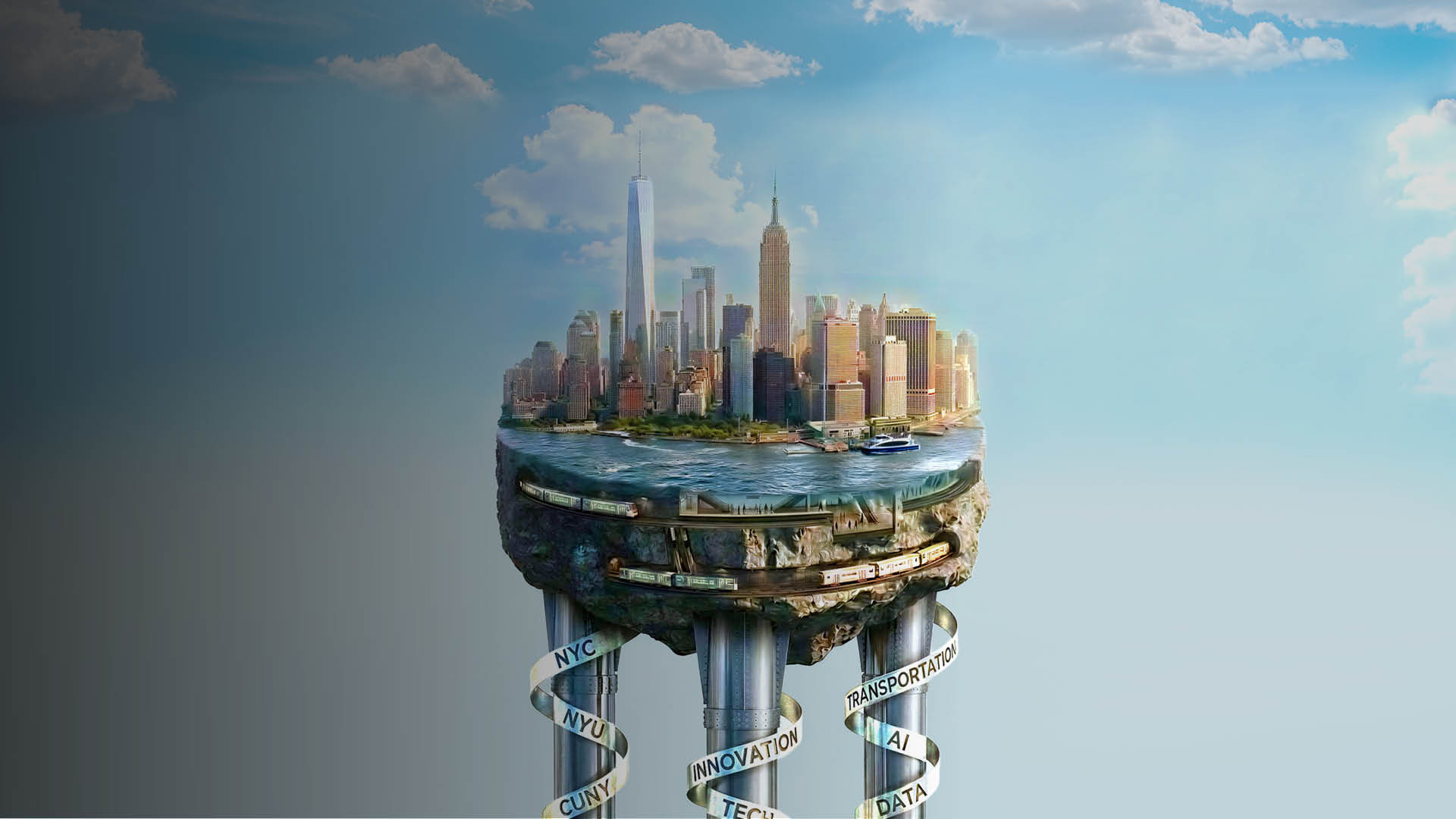 a microcosm of NYC skyline atop three pillars 