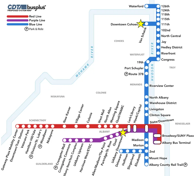 A CDTA transit map with three lines and two hub locations indicated by stars