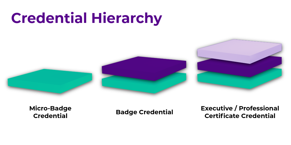 Credential Hierarchy showing Micro-Badge credentials can stack forming Badge credentials which can stack forming Executive/ Professional Certificate Credentials
