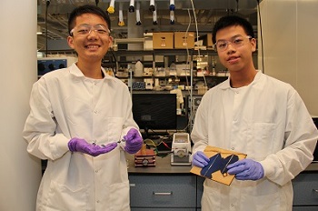 Xue Ye Lin of Brooklyn Tech and Jason Mei of Stuyvesant High School demonstrate their summer research within Miguel Modestino&#39;s Multifunctional Material Systems Lab. Photo source: Ben Esner