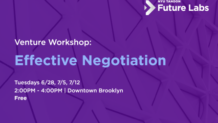 Purple background. Venture Workshop by Future Labs on Effective Negotiation