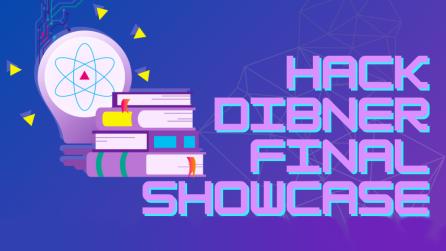 Graphic with a stack of books and a lightbulb, that reads "Hack Dibner Final Showcase"