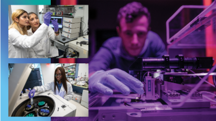 a collage of photos showing CBE students working in labs