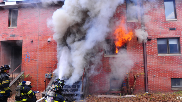 brick row homes on fire