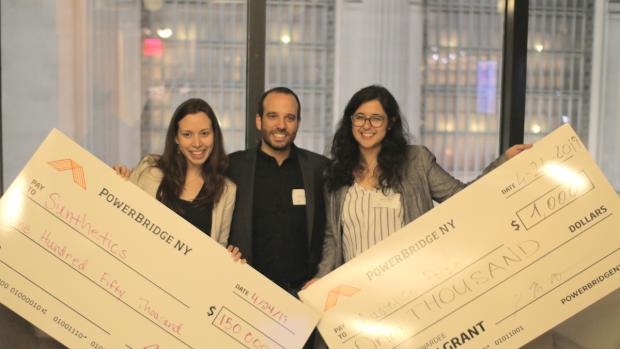 Professor Miguel Modestino with Ph.D. candidate Daniela Blanco, and alum Myriam Sbeiti after winning $150,000 the PowerBridgeNY competition.