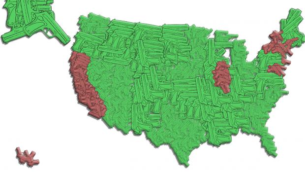 map of the US made out of gun shapes