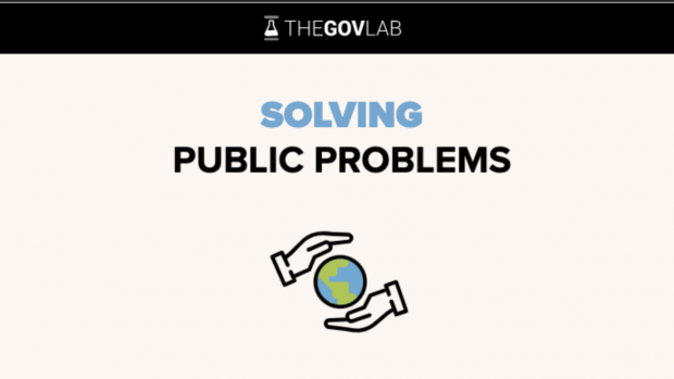 The Govlab logo, set above a stylized globe surrounded by two hands. Text reads "Solving Public Problems."