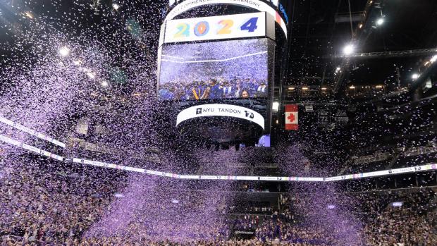 Barclay's stadium exploding with purple confetti 