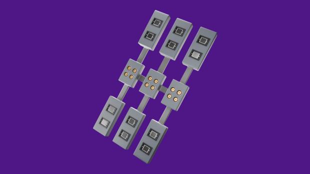 Digital rendering, composed of nine gray rectangles with different sensors, that are aligned in three rows of three, connected by skinnier rectangles.