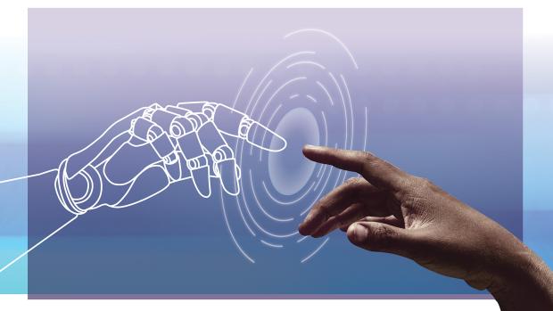 Illustration of a robotic hand touching a human hand