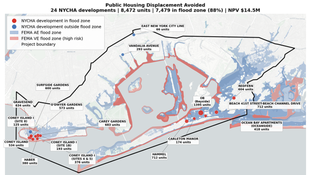 a map displaying floodz ones in the Rockaways and the high concentration of public housing located in those zones