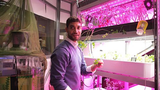 grad student holding greens grown in the lab