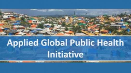 Logo of Applied Global Public Health Initiative in white lettering with a background of informal settlements