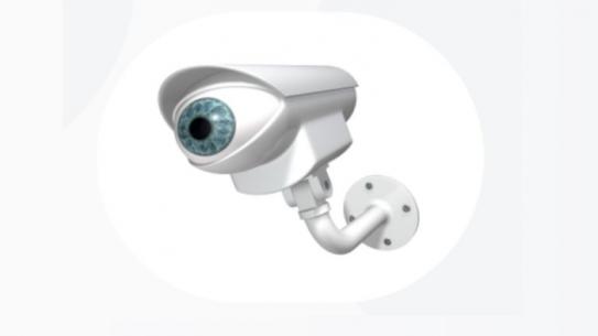 Logo with an animated CCTV camera whose lens is modified to look like an eye
