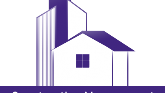 Logo of Construction Management and Engineering with a purple image of a house and the team name in purple lettering