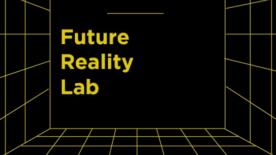 NYU Holodeck logo with "Future Reality Lab" with a background of a holodeck room