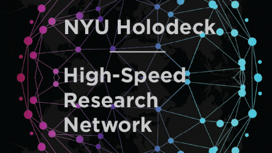 Words "High-Speed research Network" in white over black background and an animated image of different spots on the globe in pink and blue