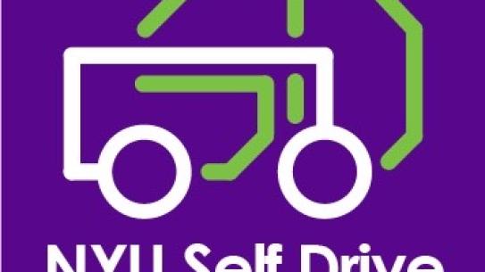 Logo of NYU Self Drive with neon line drawing of a car