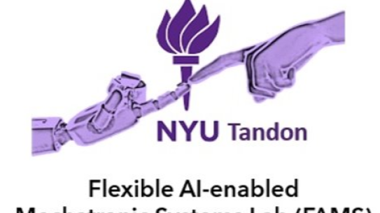 Two purple hands reaching toward the NYU torch logo across the diagonal with the team name across the bottom