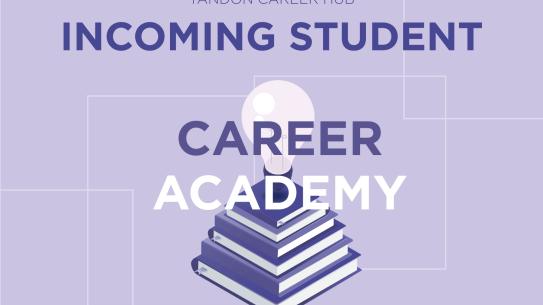 Light bulb on top of books with "Incoming Student Career Academy" text overlay