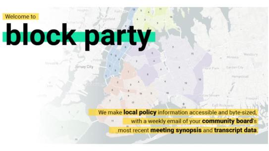 a map of the city with text: "we make local policy information accessible and byte-sized with a weekly email