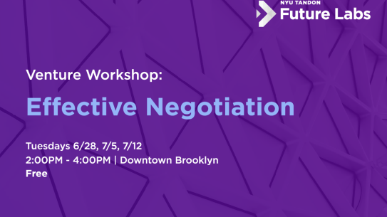 Purple background. Venture Workshop by Future Labs on Effective Negotiation