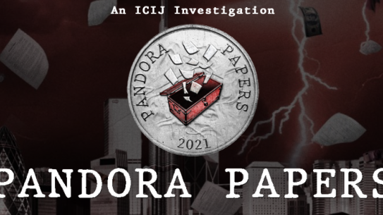 Pandora papers logo with a city and lightning in the background