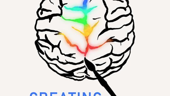 Top view drawing of brain with paintbrush and rainbow paint