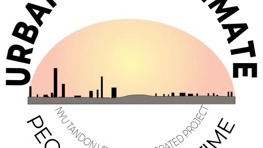 City skyline against orange and yellow horizon in semicircle