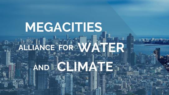 "Megacities Alliance for Water and Climate" overlayed on skyline of urban area with large body of water in background