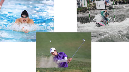 a compilation of three photos: a swimmer with goggles and swim cap; a golfer mid stroke, and a kayaker in rapids