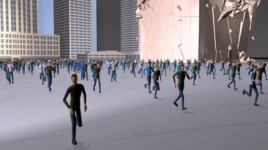Computer generated image of a crowd of people walking with a city background