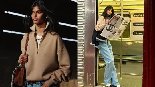 Collage of Bhavitha Mandava waling down the runway and posing in the door of a train car