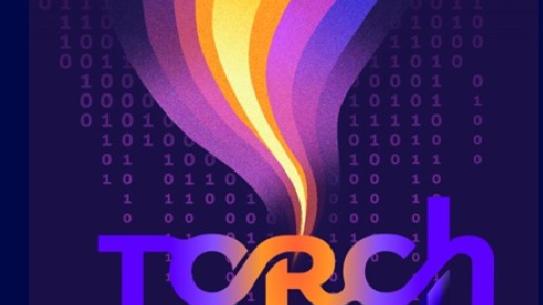 textured ribbons in shades of yellow, orange, purple, and blue flow upward from the center of the "TORCH" logo against a dark navy background. "Superpowering groundbreaking research and innovation