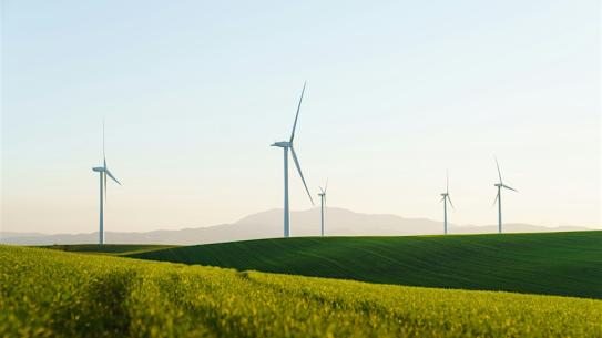 Wind Turbines in the distance of a grassy meadow.