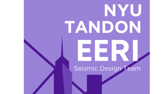 Logo for the 'NYU Tandon EERI Seismic Design Team' featuring a purple-toned silhouette of a city skyline. The text 'NYU TANDON EERI' is displayed in a bold white font at the top right, with 'Seismic Design Team' written in a smaller font directly below it.