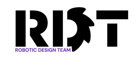 Logo for the 'Robotic Design Team' featuring large, bold black initials 'RDT.' The letter 'D' is stylized with gear-like teeth on its right side. Below the initials, the full name 'ROBOTIC DESIGN TEAM' is written in a smaller purple font.